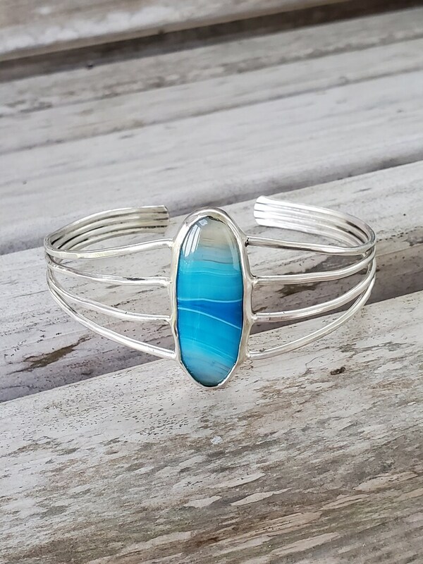 Sterling Silver Bracelet with Blue Stone Cabochon